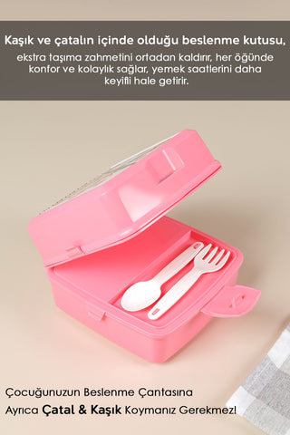 2 Katlı Bölmeli Çatal Kaşıklı Çocuk Beslenme Kutusu - Öğrenci Okul Beslenme Yemek Taşıma Kabı -Pembe