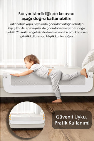 180 Cm Mega Bebek Güvenlik Bariyeri - Yükseltilmiş Koruyucu Bariyer Katlanır Yatak Korkuluğu Beyaz