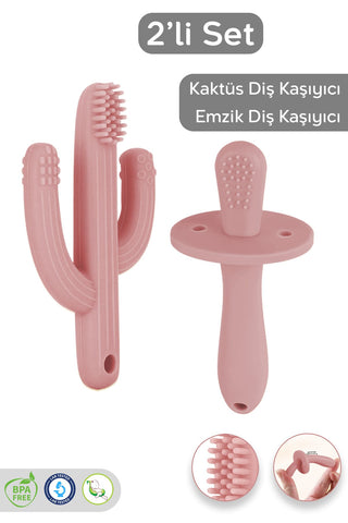 2'li Bebek Diş Kaşıyıcı Seti - Silikon Diş Kaşıma Emziği, Kaktüs Silikon Diş Kaşıyıcı - Pembe
