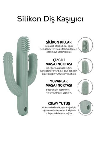 3'lü Silikon Diş Kaşıyıcı Set - Kaktüs Zürafa Figürlü Diş Kaşıyıcı Bebek Diş Kaşıma Emziği Yeşil
