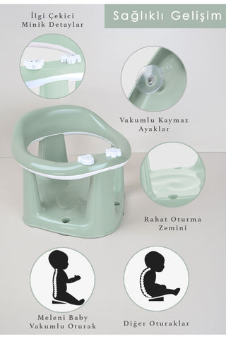3'lü Set - Vakumlu Bebek Yıkama Aparatı, Vakumlu Destekli Banyo Oturağı, Banyo Oturak Minderi Yeşil