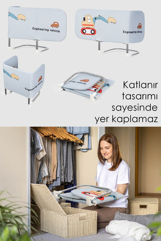 120x42 cm Katlanır Bebek Yatak Bariyeri - Araba Desenli Koruyucu Baza Korkuluğu Güvenlik Bariyeri
