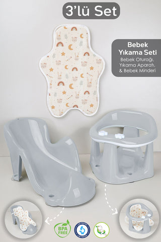3'lü Set - Vakumlu Bebek Yıkama Aparatı, Vakumlu Destekli Banyo Oturağı, Banyo Oturak Minderi Gri