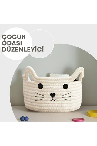 Kedi Figürlü Jüt Organizer Oyuncak Sepeti – Çok Amaçlı Çocuk Odası Düzenleyici Halat Sepet