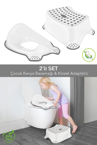 2'li Çocuk Tuvalet Alıştırma Seti - Klozet Adaptörü - Çocuk Banyo Lavabo Basamağı Kaydırmaz Tabure