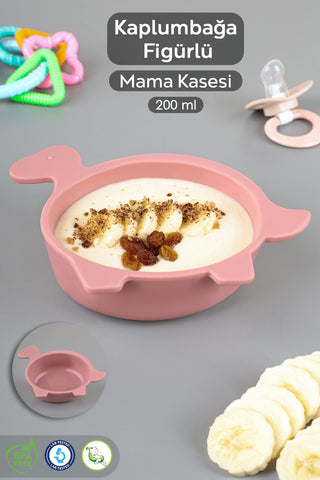 Kaplumbağa Figürlü Silikon Bebek Mama Kasesi - Şekilli Bebek Beslenme Kasesi - Pembe