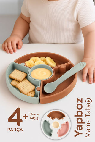 Puzzle Mama Tabağı Kaşık Seti - Silikon Vakum Tabanlı Yapboz Mama Tabağı Silikon Kaşık - Kahve Yeşil