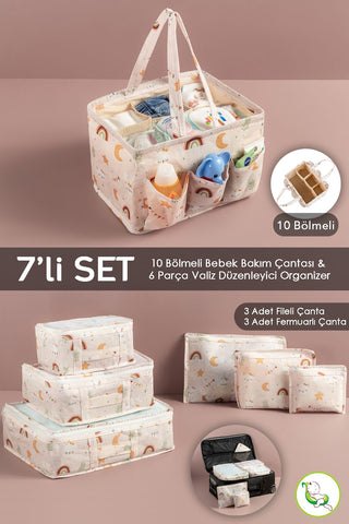 7'li Yenidoğan Hastane Çıkış Organizer Set - Bölmeli Bebek Bakım Çantası - Valiz İçi Düzenleyici
