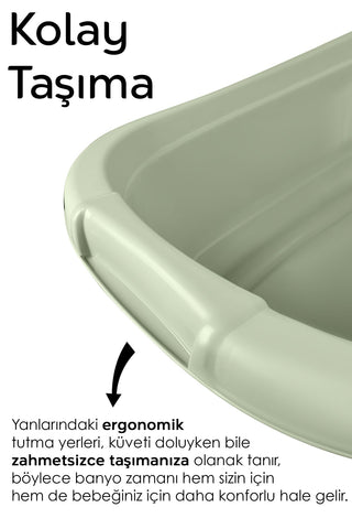 3'lü Set - Bebek Yıkama Banyo Küveti, Desenli Su Kovası, Maşrapa, Yeşil - Yıkama Filesi Hediye