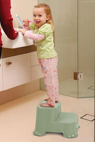 Kaydırmaz Çocuk Taburesi - Çift Basamaklı Banyo Lavabo Merdiven Yükseltici Bebek Basamağı Yeşil